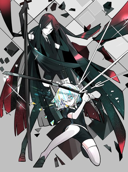 Anime picture 1000x1344 with houseki no kuni diamond (houseki no kuni) bort kai (aryp3737) tall image fringe short hair black hair hair between eyes silver hair full body very long hair aqua eyes black eyes zettai ryouiki hand on head expressionless battle androgynous thighhighs