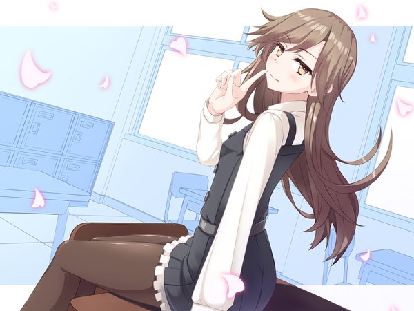 Anime picture 1440x1080 with kantai collection arashio destroyer r choko single long hair looking at viewer fringe smile brown hair sitting brown eyes indoors looking back finger to mouth classroom remodel (kantai collection) girl dress uniform school uniform