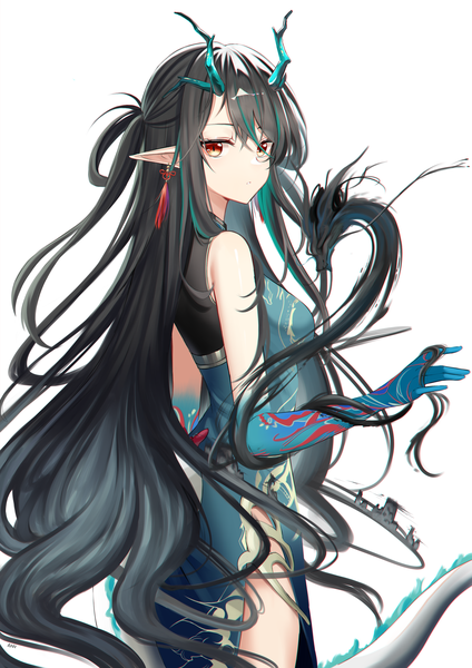 Anime picture 2480x3508 with arknights dusk (arknights) dusk (everything is a miracle) (arknights) anientte single long hair tall image highres black hair simple background red eyes standing white background looking away tail traditional clothes multicolored hair horn (horns) pointy ears streaked hair