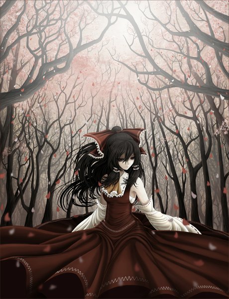 Anime picture 1512x1972 with touhou hakurei reimu stainglass (artist) single long hair tall image highres black hair black eyes fog girl dress plant (plants) detached sleeves petals tree (trees)