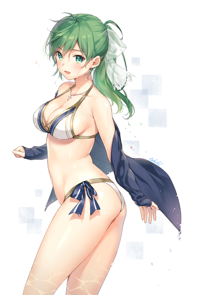 Anime picture 920x1368 with original tokki single long hair tall image breasts open mouth light erotic large breasts green eyes signed ass ponytail :d green hair off shoulder sideboob turning head girl ribbon (ribbons)
