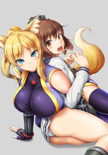 Anime picture 1610x2310 with kantai collection dog days yukikaze destroyer yukikaze panettone bol (liliymimi) long hair tall image looking at viewer blush breasts open mouth blue eyes light erotic blonde hair simple background large breasts multiple girls animal ears ass ponytail