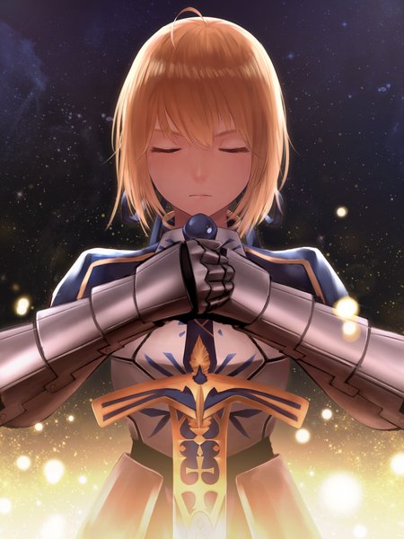 Anime picture 1800x2400 with fate (series) fate/stay night type-moon artoria pendragon (all) saber ariinine single tall image fringe highres short hair blonde hair holding eyes closed night sparkle night sky girl gloves weapon