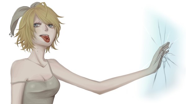 Anime picture 1600x900 with vocaloid kagamine rin tagme (artist) single short hair simple background blonde hair wide image white background bare shoulders ahoge grey eyes tears destruction girl bow hair bow tongue