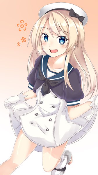 Anime picture 1080x1920 with kantai collection jervis (kantai collection) ame kami chisato single long hair tall image blush open mouth blue eyes blonde hair simple background gradient background sailor collar girl gloves white gloves beret