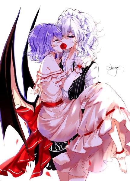 Anime picture 2300x3200 with touhou remilia scarlet izayoi sakuya sheya tall image highres short hair simple background white background purple eyes multiple girls signed cleavage silver hair purple hair eyes closed nail polish off shoulder no shoes shoujo ai