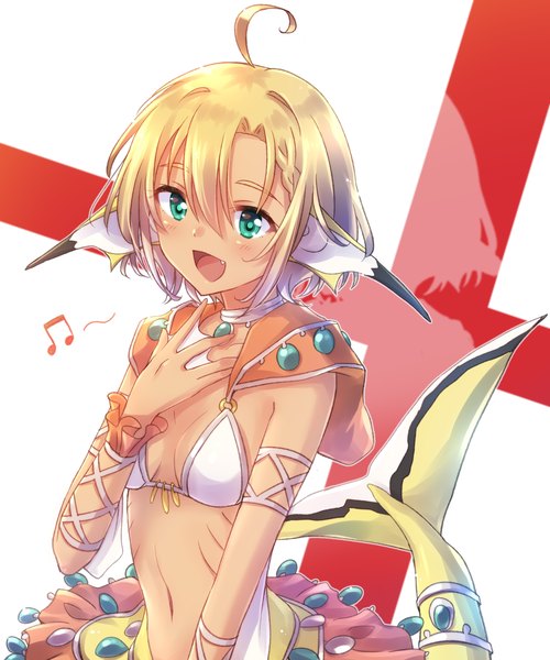 Anime picture 3542x4248 with monster musume no oisha-san lulala heine nyaa (nnekoron) single tall image fringe highres short hair open mouth light erotic blonde hair hair between eyes green eyes looking away absurdres ahoge tail :d hand on chest monster girl