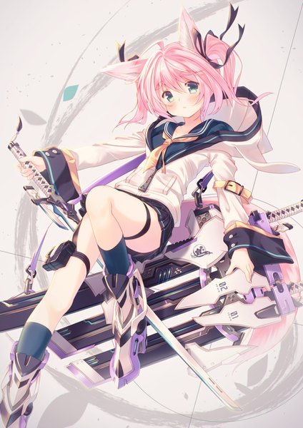 Anime picture 868x1228 with original misaki yuu (dstyle) single tall image looking at viewer blush fringe short hair hair between eyes twintails holding green eyes animal ears payot pink hair full body ahoge bent knee (knees) tail animal tail