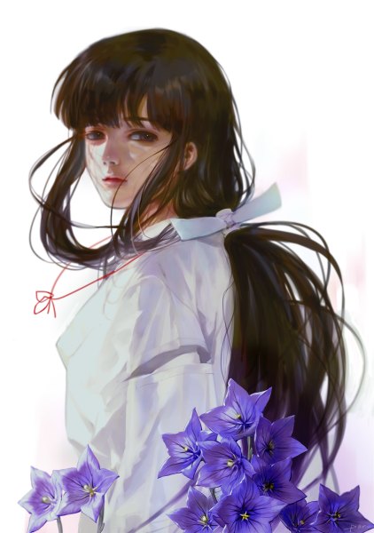 Anime picture 844x1200 with inuyasha kikyou (inuyasha) par single long hair tall image fringe simple background brown hair white background payot looking away upper body blunt bangs traditional clothes japanese clothes looking back low ponytail miko girl