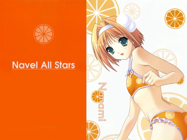 Anime picture 1024x768 with soul link inatsuki nanami suzuhira hiro orange background swimsuit