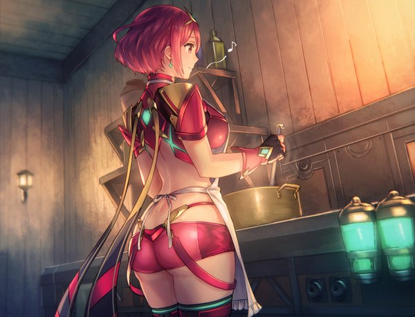 Anime picture 2883x2203 with xenoblade xenoblade 2 pyra (xenoblade) anbe yoshirou single fringe highres short hair breasts light erotic hair between eyes red eyes standing looking away ass red hair profile cooking girl thighhighs
