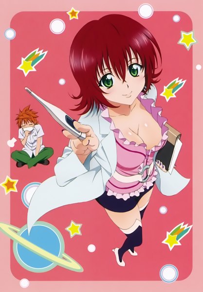 Anime picture 2041x2936 with toloveru xebec yuuki rito mikado ryouko tall image looking at viewer blush highres short hair light erotic smile green eyes cleavage red hair scan girl thighhighs boy skirt black thighhighs