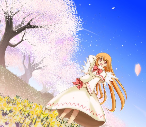 Anime picture 1275x1111 with touhou lily white makino (ukiuo) single long hair looking at viewer fringe holding sky full body outdoors long sleeves arm up orange hair wide sleeves orange eyes cherry blossoms happy arm behind head nature