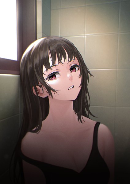 Anime picture 800x1131 with original deca purio single long hair tall image looking at viewer fringe breasts black hair brown eyes payot cleavage upper body indoors blunt bangs parted lips head tilt strap slip girl window
