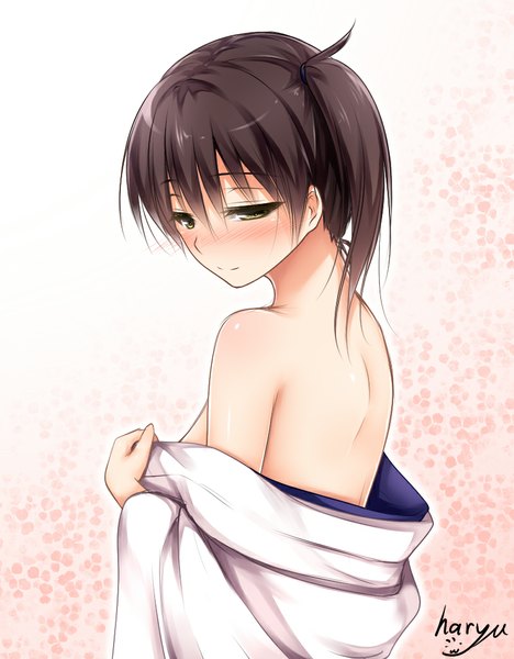 Anime picture 800x1024 with kantai collection kaga aircraft carrier haryuu (poetto) single tall image blush short hair light erotic brown hair bare shoulders brown eyes signed ponytail side ponytail undressing girl clothes