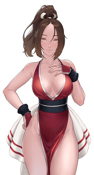 Anime picture 1200x2227 with the king of fighters fatal fury snk shiranui mai cheshirrr single tall image looking at viewer short hair breasts light erotic simple background brown hair standing white background bare shoulders brown eyes payot ponytail light smile
