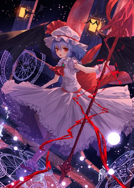 Anime picture 1300x1825 with touhou remilia scarlet lo-ta single tall image looking at viewer fringe short hair open mouth hair between eyes red eyes blue hair full body magic girl dress weapon hat animal white dress