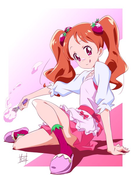 Anime picture 1536x2046 with precure kirakira precure a la mode toei animation usami ichika nii manabu single long hair tall image looking at viewer smile twintails signed full body pink eyes orange hair arm support puffy sleeves :q food on face girl