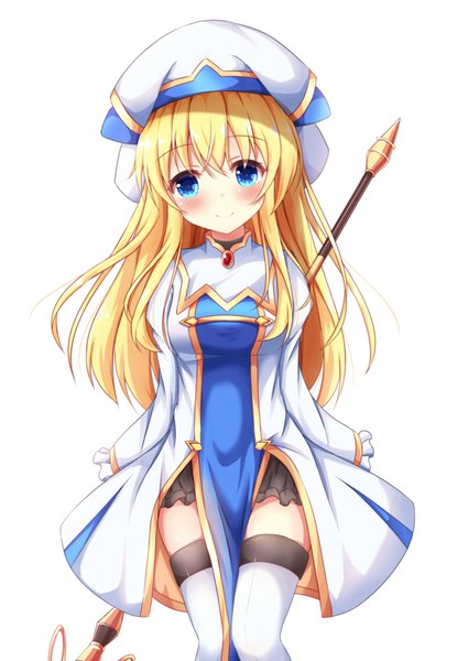 Anime picture 644x910 with goblin slayer! priestess (goblin slayer!) kedama (kedama akaza) single long hair tall image looking at viewer blush fringe blue eyes simple background blonde hair smile hair between eyes standing payot girl thighhighs white thighhighs frills