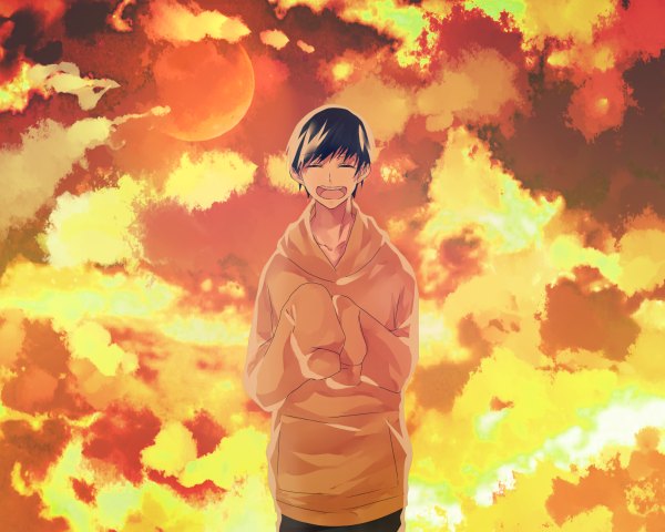 Anime picture 1200x960 with osomatsu-san matsuno juushimatsu selloum single fringe short hair open mouth black hair standing sky cloud (clouds) eyes closed long sleeves yellow background boy hood moon full moon hoodie