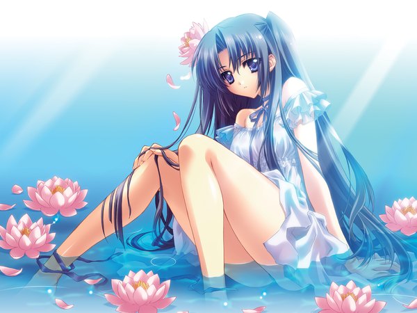 Anime picture 1600x1200 with lyrical lyric lyrical ds takami rin mikeou carnelian long hair highres blue eyes light erotic blue hair game cg hair flower hair ornament flower (flowers) ribbon (ribbons) water lingerie