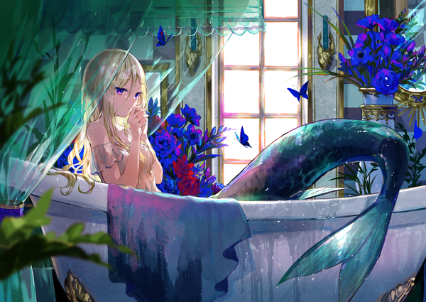 Anime picture 3541x2508 with original fuzichoco single long hair fringe highres breasts light erotic blonde hair purple eyes looking away absurdres indoors wet hands clasped checkered monster girl girl flower (flowers) window