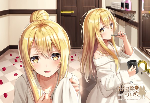 Anime picture 1100x756 with original superpig (wlstjqdla) long hair looking at viewer blush fringe open mouth blonde hair hair between eyes standing multiple girls holding yellow eyes payot indoors head tilt :d off shoulder hair bun (hair buns) reflection