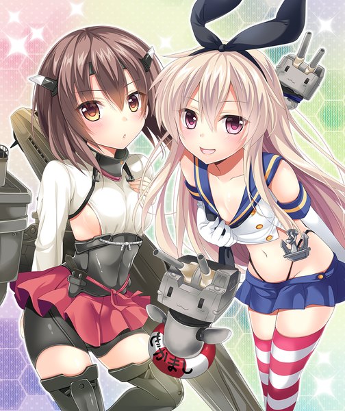 Anime picture 1000x1190 with kantai collection shimakaze destroyer rensouhou-chan taihou armored aircraft carrier ikura nagisa long hair tall image blush short hair open mouth light erotic brown hair multiple girls yellow eyes white hair pink eyes girl thighhighs gloves hair ornament