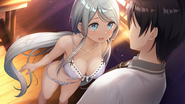 Anime picture 1920x1080 with kamisama no you na kimi e tsukuyomi (kamikimi) kantoku long hair blush fringe highres short hair breasts open mouth blue eyes light erotic black hair smile wide image standing twintails bare shoulders payot game cg