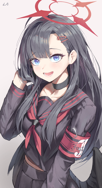 Anime picture 1857x3425 with blue archive ichika (blue archive) dotthebot single long hair tall image fringe highres open mouth blue eyes black hair simple background signed blunt bangs :d from above gradient background black wings girl uniform