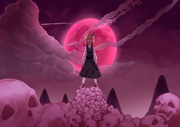Anime picture 3035x2149 with touhou rumia uu uu zan single highres short hair open mouth blonde hair red eyes absurdres cloud (clouds) red moon girl dress moon full moon skull