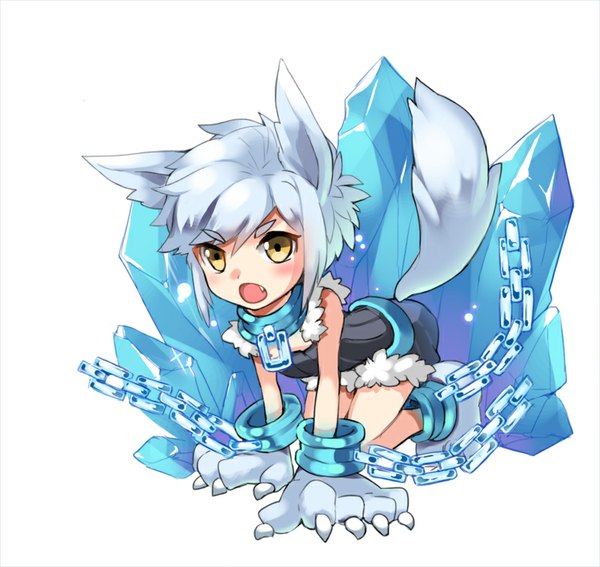 Anime picture 800x757 with puzzle & dragons fenrir (p&d) dakun87 (artist) single blush short hair open mouth simple background white background animal ears yellow eyes silver hair tail animal tail teeth fang (fangs) boy chain collar