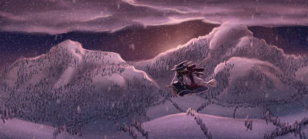 Anime picture 1500x679 with touhou hakurei reimu kirisame marisa soumakyo (artist) wide image multiple girls cloud (clouds) wind from behind snowing winter snow mountain flying miko landscape witch broom riding girl bow