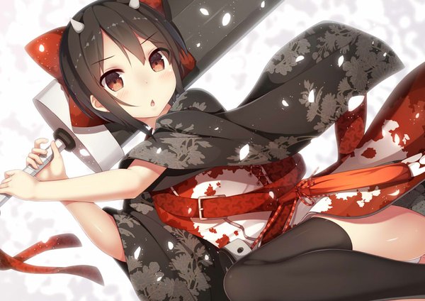 Anime picture 1052x744 with original samegami single looking at viewer short hair open mouth black hair red eyes traditional clothes japanese clothes horn (horns) pantyshot oni horns girl thighhighs underwear panties bow weapon black thighhighs