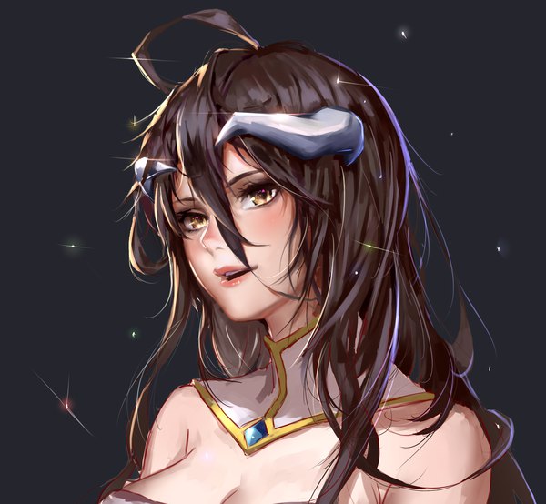 Anime picture 1593x1471 with overlord (maruyama) madhouse albedo (overlord) pauld single long hair blush fringe breasts open mouth black hair simple background hair between eyes large breasts yellow eyes looking away cleavage upper body ahoge head tilt