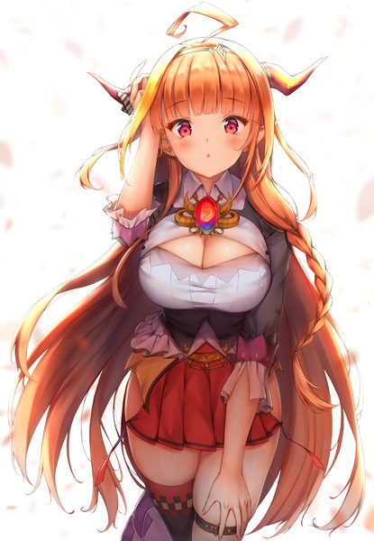 Anime picture 1500x2167 with virtual youtuber hololive kiryuu coco ijac ray single tall image fringe breasts light erotic red eyes large breasts cleavage ahoge blunt bangs braid (braids) very long hair pleated skirt horn (horns) orange hair :o