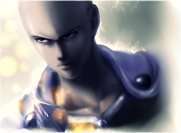 Anime picture 2283x1687 with one-punch man madhouse saitama (one-punch man) akarimarco single highres looking away from above black eyes portrait framed serious bald superhero boy cape