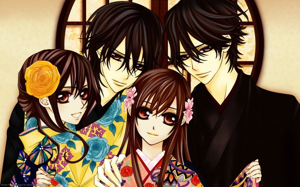 Anime picture 1920x1200 with vampire knight studio deen cross yuki clan kaname clan haruka clan juuri hino matsuri sinever long hair highres short hair black hair brown hair wide image multiple girls brown eyes traditional clothes japanese clothes hair flower multiple boys