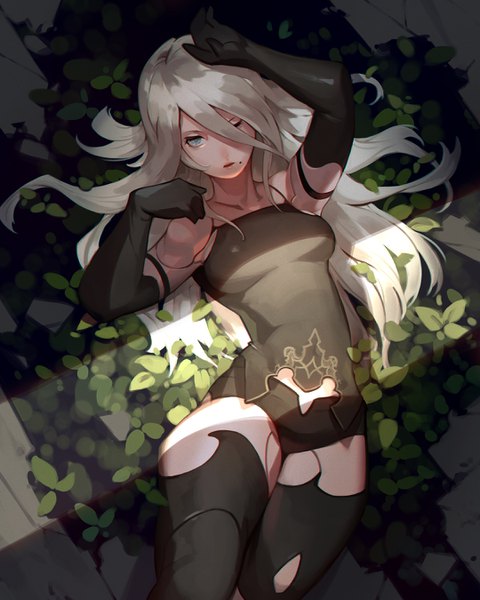 Anime picture 1080x1350 with nier nier:automata yorha type a no. 2 jiro (ninetysix) single long hair tall image looking at viewer fringe open mouth light erotic hair between eyes bare shoulders silver hair lying mole arms up on back mole under mouth silver eyes