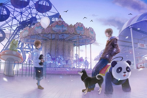 Anime picture 3860x2577 with original kirinosuke highres short hair blue eyes blonde hair smile standing sitting absurdres sky cloud (clouds) profile wind multiple boys evening light hands in pockets dual persona shiba inu