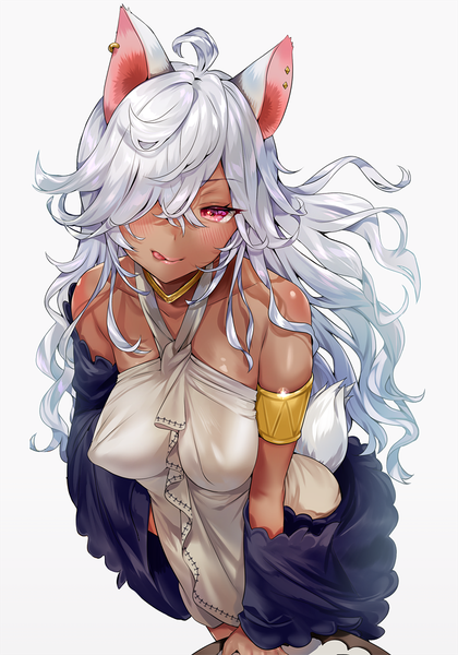 Anime picture 700x1000 with original mira (ogino atsuki) yanyo (ogino atsuki) single long hair tall image looking at viewer blush fringe breasts light erotic simple background standing white background bare shoulders animal ears payot silver hair ahoge tail