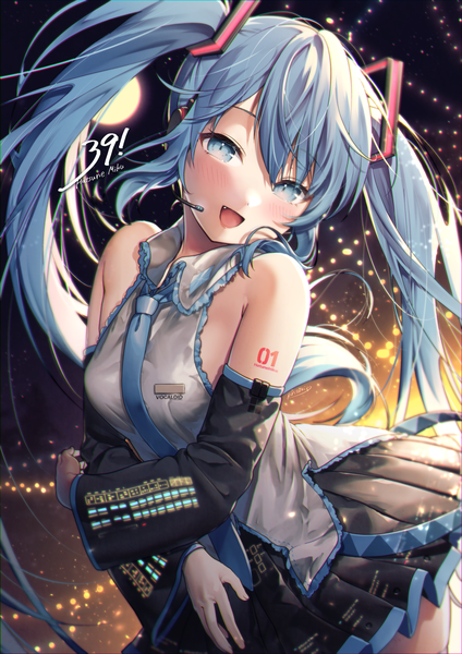 Anime picture 1768x2500 with vocaloid hatsune miku kirisaki shuusei single long hair tall image looking at viewer blush highres open mouth blue eyes twintails blue hair :d pleated skirt character names 39 girl skirt detached sleeves