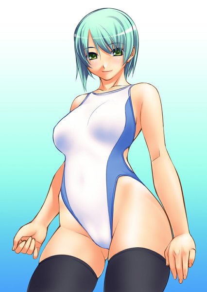 Anime picture 710x1000 with original asakura sakura single tall image looking at viewer blush short hair light erotic simple background green eyes green hair light smile girl thighhighs black thighhighs swimsuit