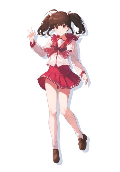 Anime picture 1750x2500 with to heart 2 leaf (studio) yuzuhara konomi cynd single tall image highres short hair simple background red eyes brown hair white background twintails payot full body ahoge pleated skirt shadow short twintails girl