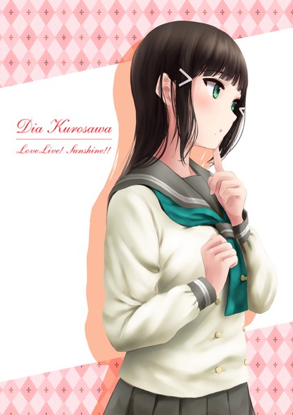 Anime picture 992x1403 with love live! sunshine!! sunrise (studio) love live! kurosawa dia papi (papiron100) single long hair tall image fringe black hair green eyes payot looking away upper body blunt bangs :o shadow copyright name character names rhombus