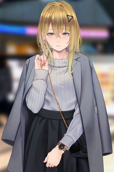 Anime picture 1579x2388 with original saitou (lynx-shrike) single long hair tall image looking at viewer fringe blonde hair hair between eyes standing long sleeves nail polish parted lips pleated skirt arm up aqua eyes blurry mole depth of field mole under eye