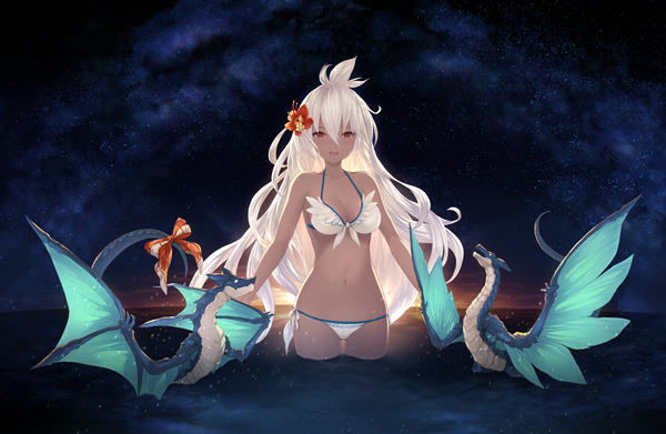 Anime picture 8150x5315 with granblue fantasy the order grande cait single long hair looking at viewer fringe highres breasts open mouth light erotic hair between eyes red eyes absurdres cleavage white hair hair flower night night sky partially submerged