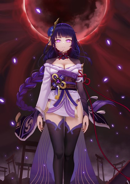 Anime picture 1200x1697 with genshin impact raiden shogun freze single long hair tall image looking at viewer fringe breasts large breasts purple eyes bare shoulders payot sky cleavage purple hair blunt bangs braid (braids) traditional clothes japanese clothes