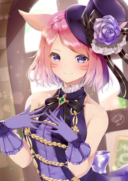 Anime picture 1448x2048 with final fantasy final fantasy xiv square enix miqo'te misaki (pixiv30645085) single tall image looking at viewer blush fringe short hair blue eyes smile bare shoulders animal ears pink hair upper body indoors braid (braids) cat ears