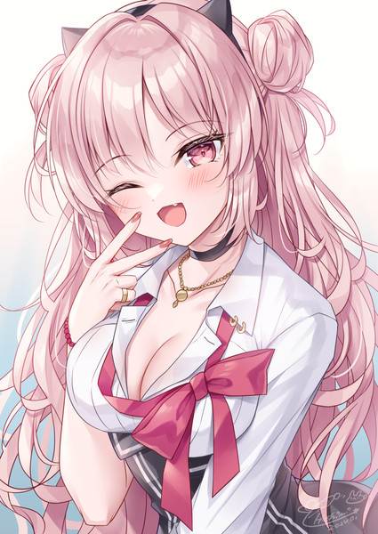 Anime picture 1000x1412 with blue archive kirara (blue archive) kohinata hoshimi single long hair tall image looking at viewer blush breasts open mouth light erotic large breasts pink hair cleavage nail polish one eye closed pink eyes hair bun (hair buns) ;d red nail polish